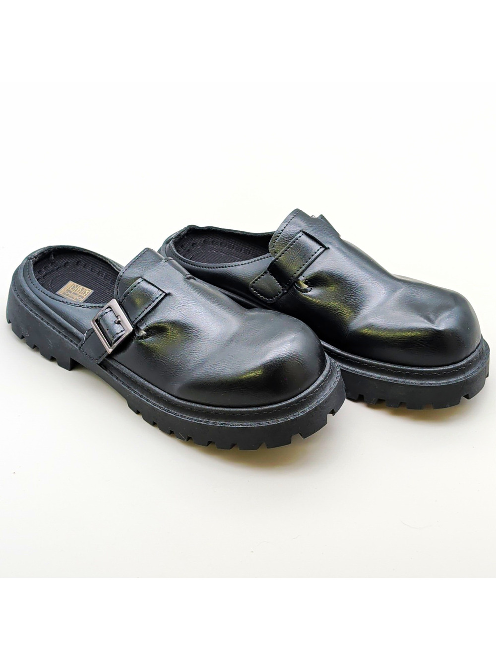 Black Buckle Strap Slip-On Mule Flats Faux Leather Lug Sole Size 10